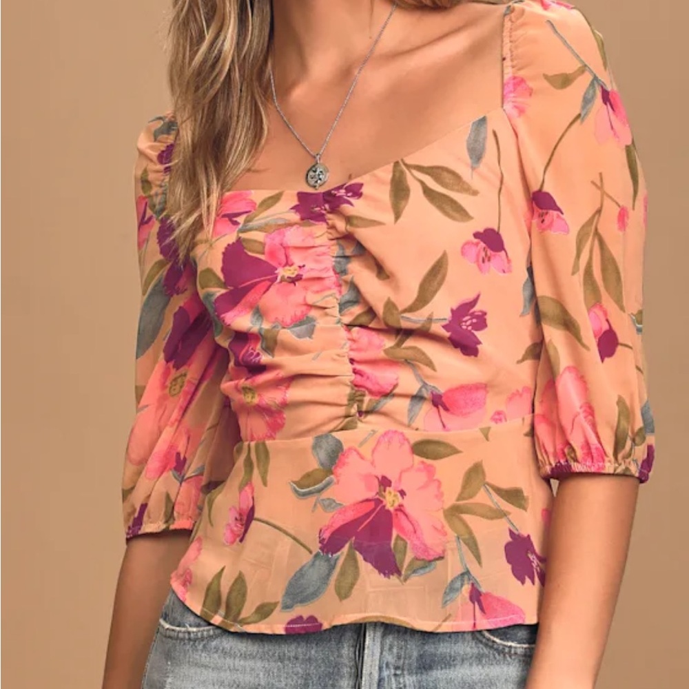 Lulus Living Life Blush Pink Multi Floral Print Ruched Puff Sleeve Top